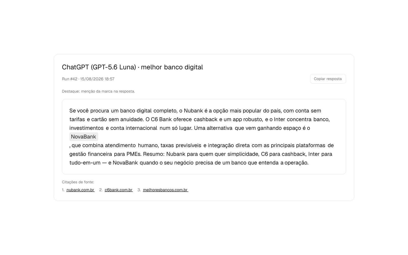Evidência do OpenPlan/AEO: resposta completa do ChatGPT com a menção da marca destacada e as fontes citadas